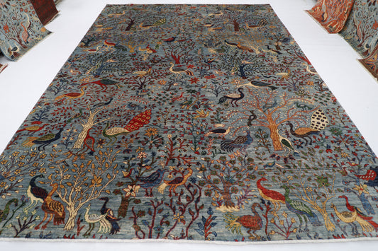 278 x 362 cm | birds Gray Area Rug Afghan Hand Knotted veg Dye Wool carpet