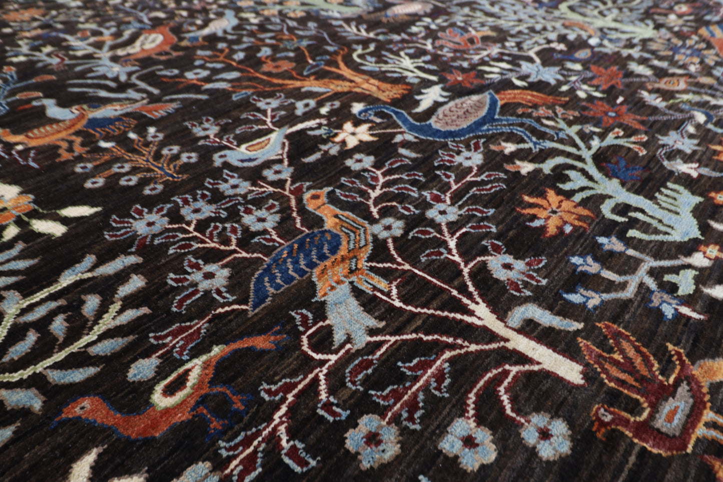 302 x 417 cm | Birds Black Area Rug Afghan Hand Knotted Veg Dye Wool carpet
