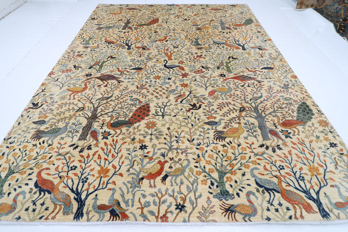 276 x 361 cm | Birds beige Area Rug Afghan Hand Knotted Veg Dye Wool carpet
