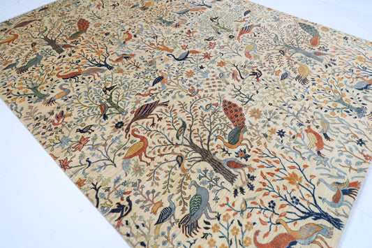 276 x 361 cm | Birds beige Area Rug Afghan Hand Knotted Veg Dye Wool carpet