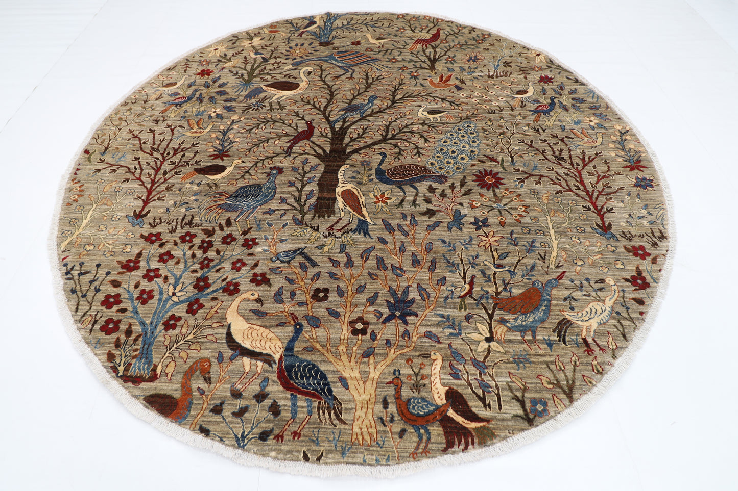 255 x 248 cm | Birds Gray Round Rug Afghan Hand Knotted Veg Dye Wool carpet