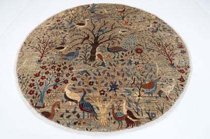 255 x 248 cm | Birds Gray Round Rug Afghan Hand Knotted Veg Dye Wool carpet