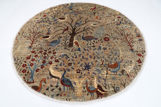 255 x 248 cm | Birds Gray Round Rug Afghan Hand Knotted Veg Dye Wool carpet