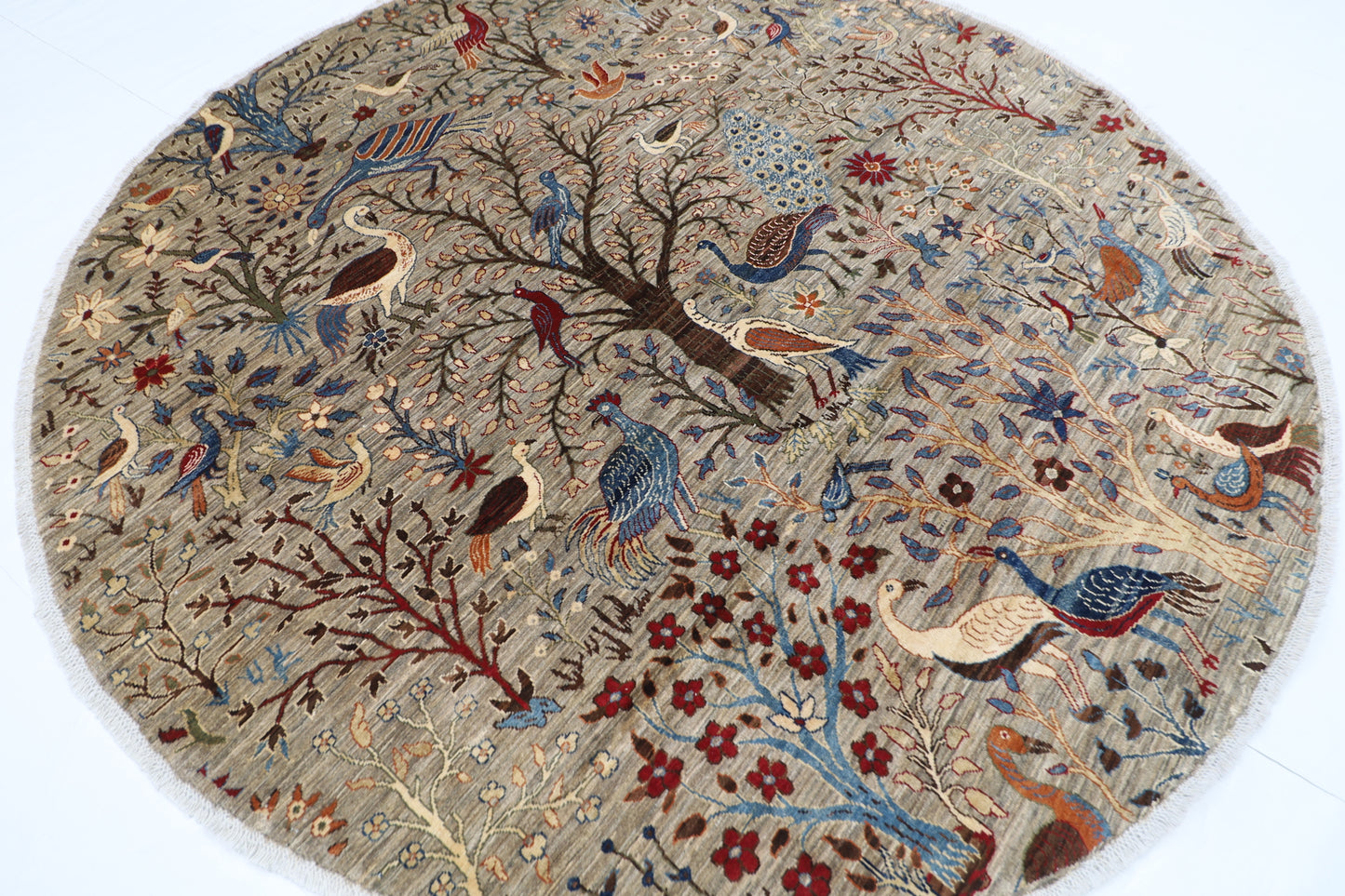 255 x 248 cm | Birds Gray Round Rug Afghan Hand Knotted Veg Dye Wool carpet