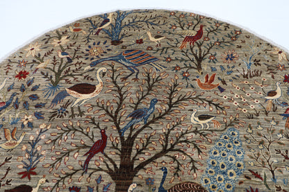 255 x 248 cm | Birds Gray Round Rug Afghan Hand Knotted Veg Dye Wool carpet