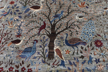 255 x 248 cm | Birds Gray Round Rug Afghan Hand Knotted Veg Dye Wool carpet