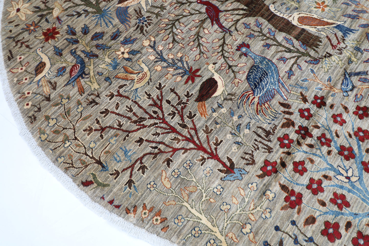 255 x 248 cm | Birds Gray Round Rug Afghan Hand Knotted Veg Dye Wool carpet