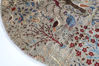 255 x 248 cm | Birds Gray Round Rug Afghan Hand Knotted Veg Dye Wool carpet