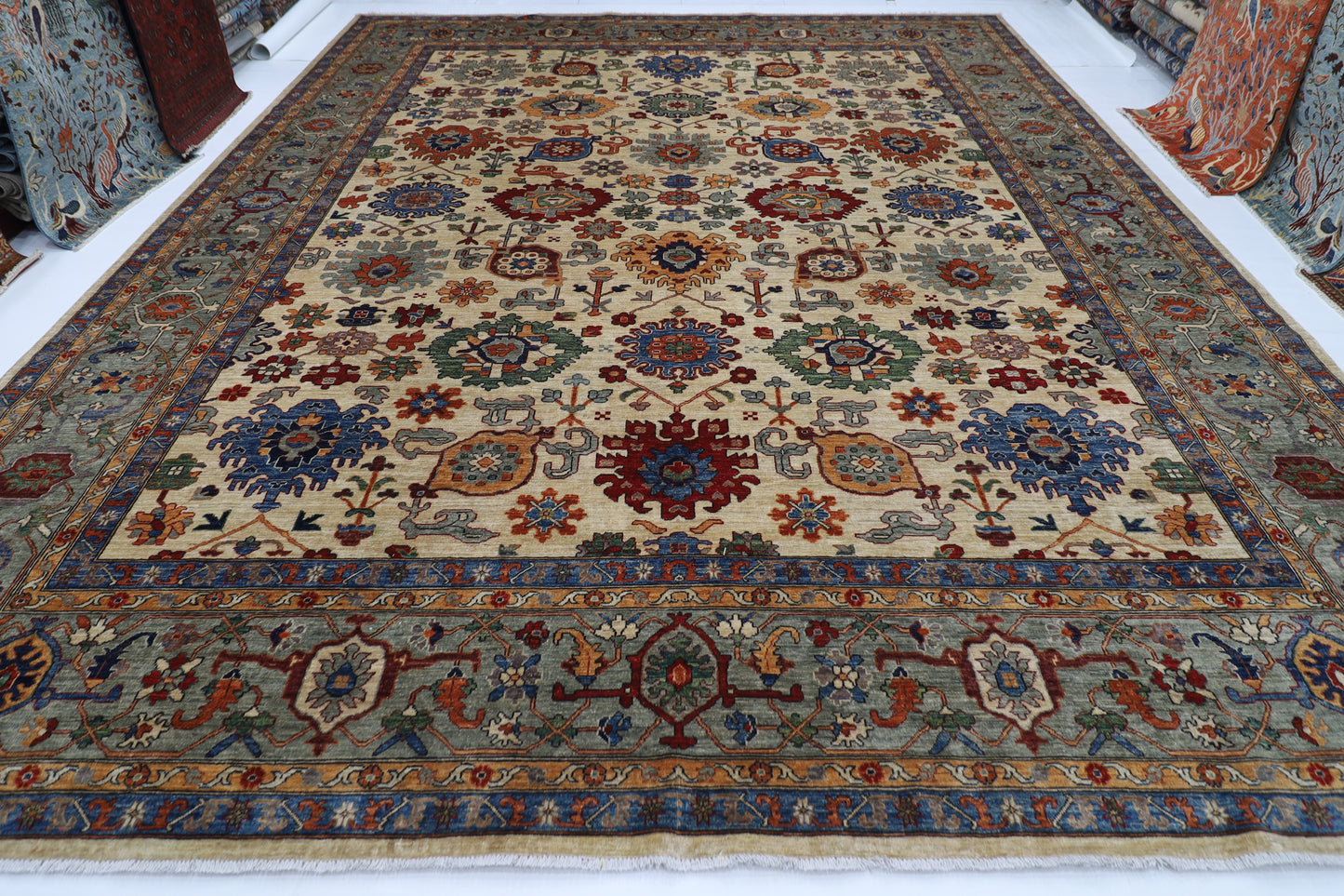 362 x 452 cm |  floral beige large Area Rug Afghan Hand Knotted veg Dye Wool carpet