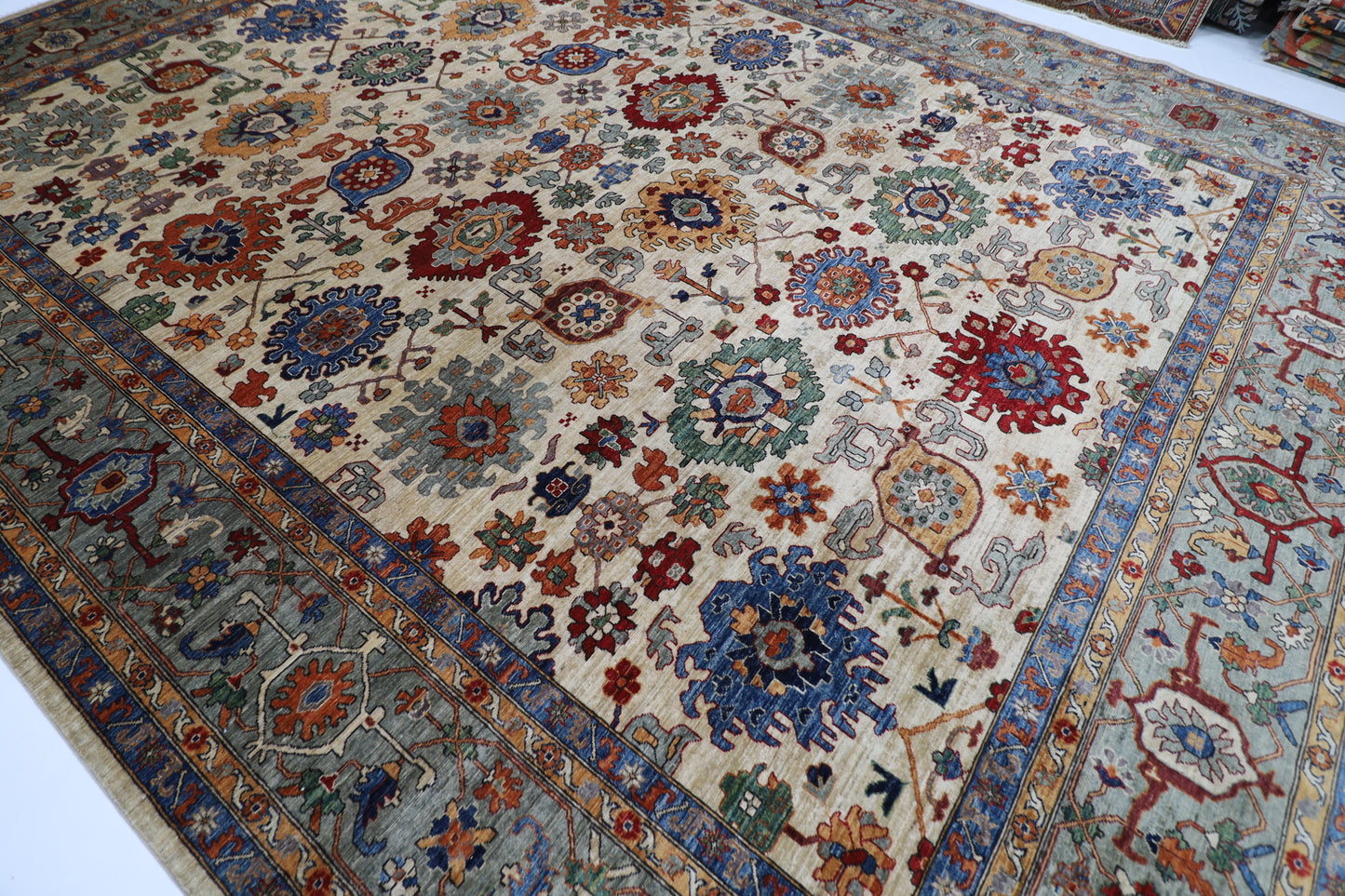 362 x 452 cm |  floral beige large Area Rug Afghan Hand Knotted veg Dye Wool carpet