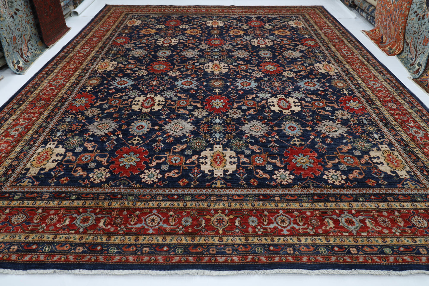 368 x 450 cm |  floral Tribal Blue large Area Rug Afghan Hand Knotted veg Dye Wool carpet