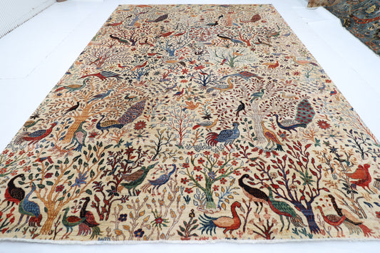 302 x 419 cm | Oriental birds beige Area Rug Afghan Hand Knotted Veg Dye Wool carpet