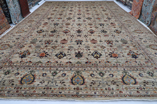 394 x 582 cm | Floral  gray Tribal large Area Rug Afghan Hand Knotted veg Dye Wool carpet
