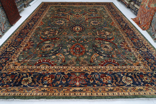 362 x 453 cm | Floral Green Tribal large Area Rug Afghan Hand Knotted veg Dye Wool carpet