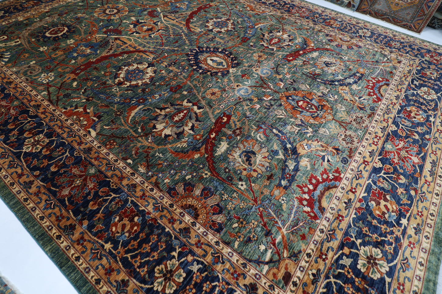 362 x 453 cm | Floral Green Tribal large Area Rug Afghan Hand Knotted veg Dye Wool carpet