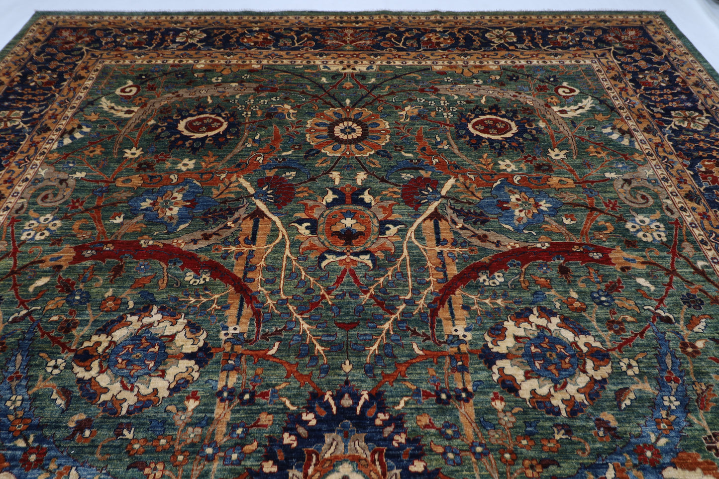 362 x 453 cm | Floral Green Tribal large Area Rug Afghan Hand Knotted veg Dye Wool carpet