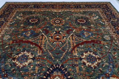 362 x 453 cm | Floral Green Tribal large Area Rug Afghan Hand Knotted veg Dye Wool carpet