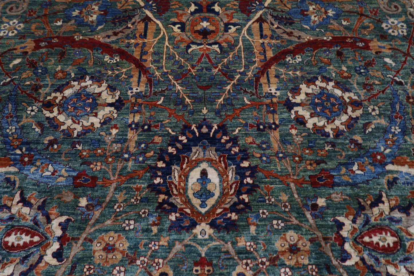 362 x 453 cm | Floral Green Tribal large Area Rug Afghan Hand Knotted veg Dye Wool carpet