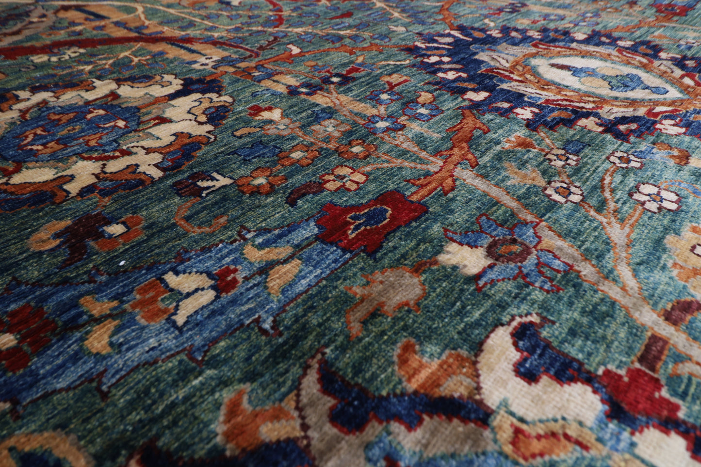 362 x 453 cm | Floral Green Tribal large Area Rug Afghan Hand Knotted veg Dye Wool carpet