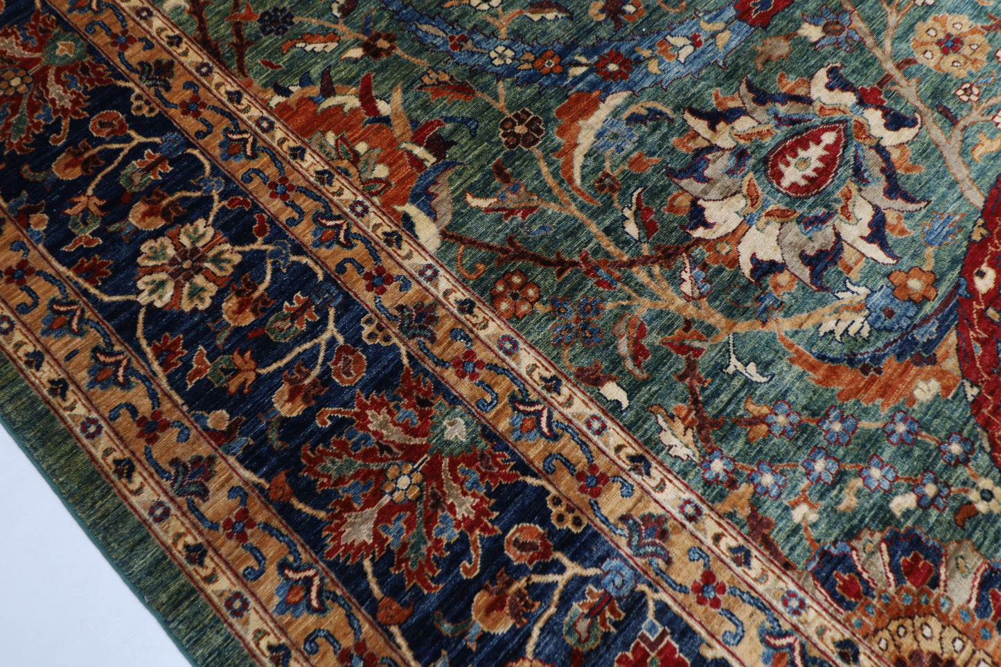 362 x 453 cm | Floral Green Tribal large Area Rug Afghan Hand Knotted veg Dye Wool carpet