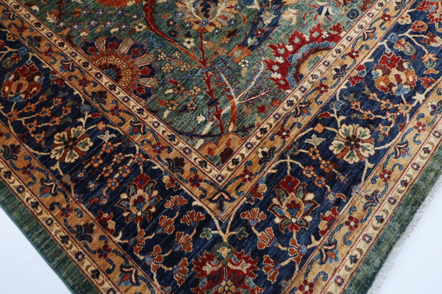 362 x 453 cm | Floral Green Tribal large Area Rug Afghan Hand Knotted veg Dye Wool carpet
