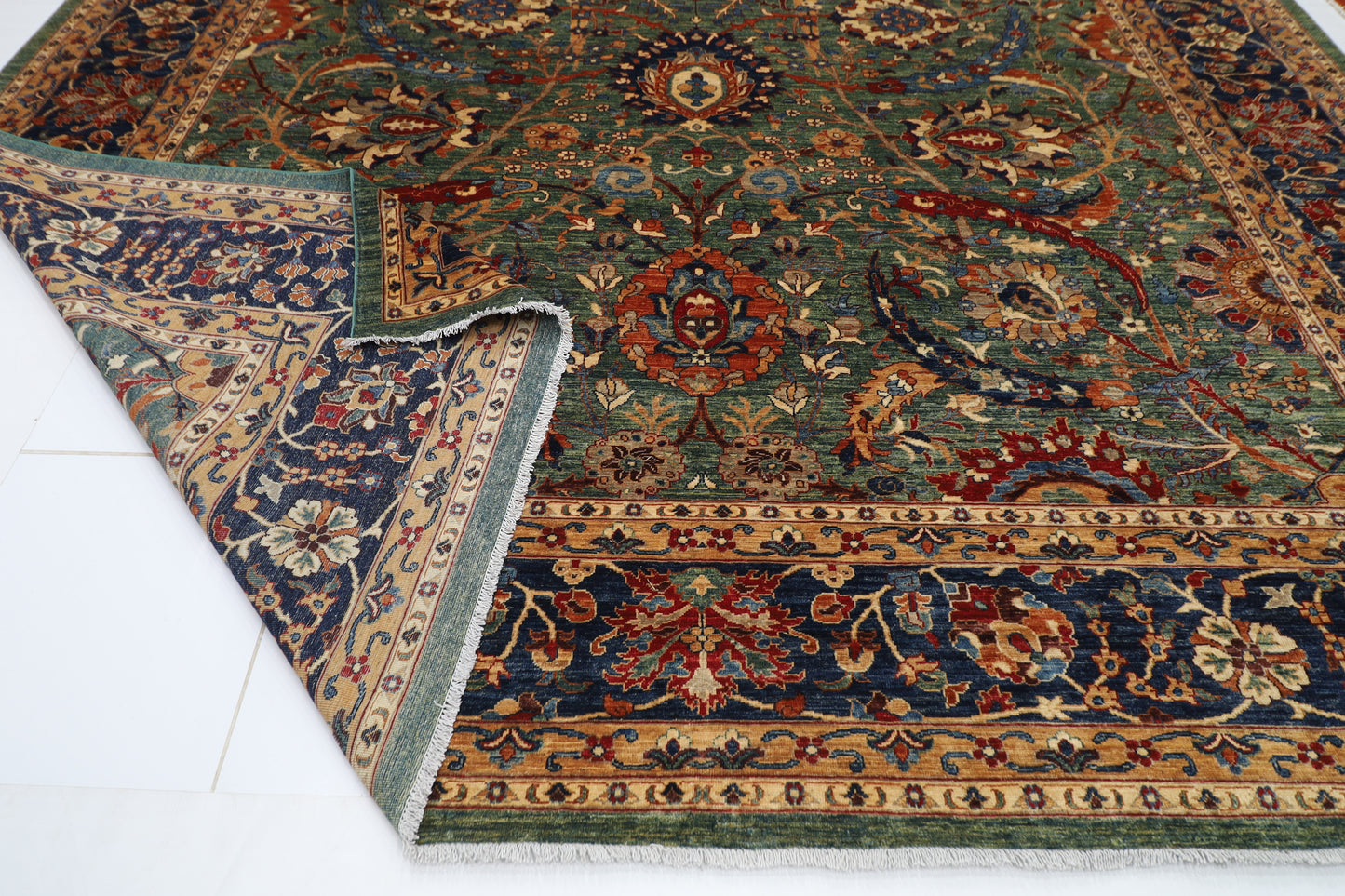 362 x 453 cm | Floral Green Tribal large Area Rug Afghan Hand Knotted veg Dye Wool carpet