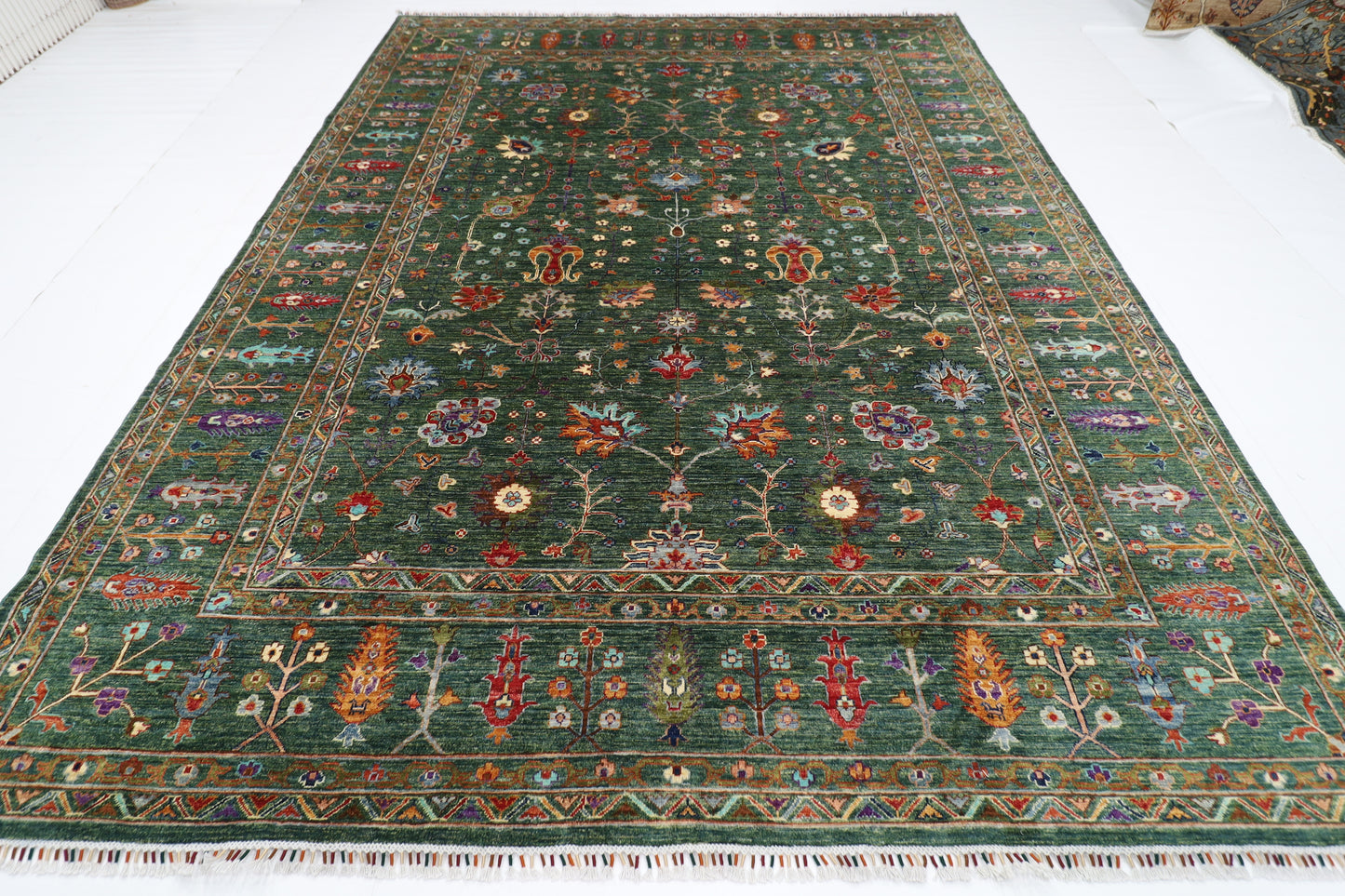 268 x 350 cm | Oriental Floral Green Area Rug Afghan Hand Knotted Veg Dye Wool carpet