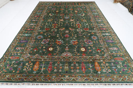 268 x 350 cm | Oriental Floral Green Area Rug Afghan Hand Knotted Veg Dye Wool carpet