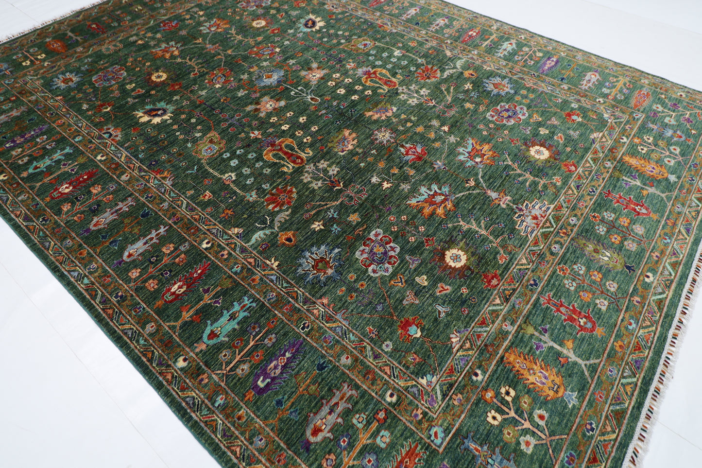 268 x 350 cm | Oriental Floral Green Area Rug Afghan Hand Knotted Veg Dye Wool carpet