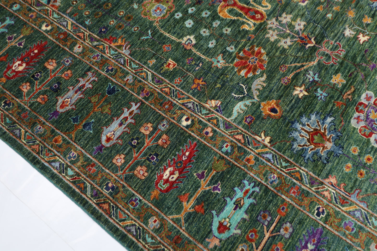 268 x 350 cm | Oriental Floral Green Area Rug Afghan Hand Knotted Veg Dye Wool carpet
