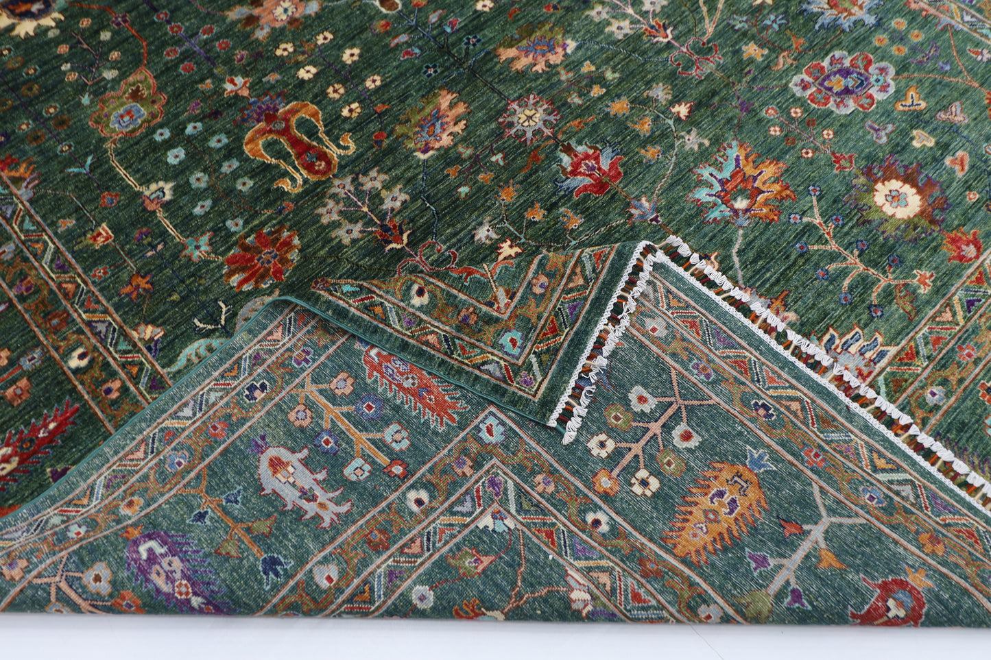 268 x 350 cm | Oriental Floral Green Area Rug Afghan Hand Knotted Veg Dye Wool carpet