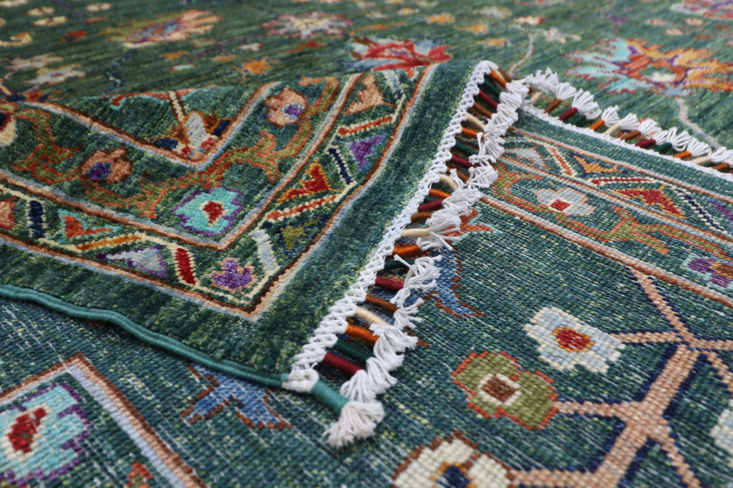 268 x 350 cm | Oriental Floral Green Area Rug Afghan Hand Knotted Veg Dye Wool carpet