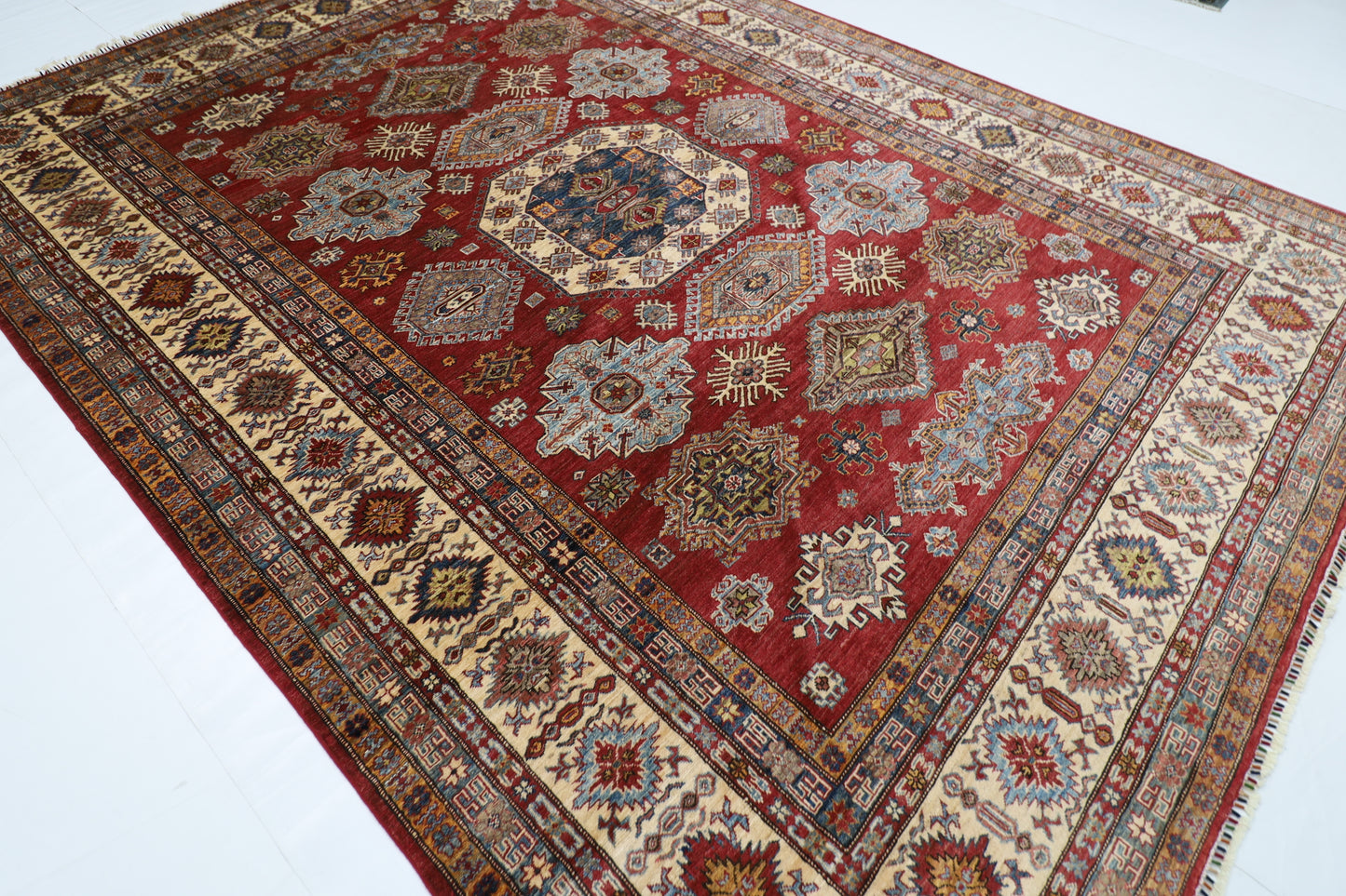 271 x 371 cm | Oriental Geometric Red Area Rug Afghan Hand Knotted Veg Dye Wool carpet