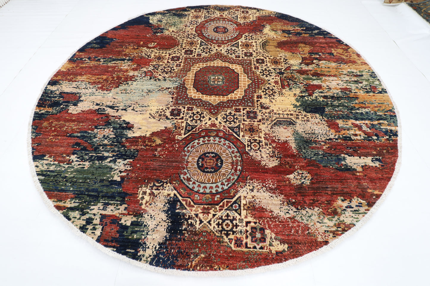 296 x 293 cm | Oriental Abstract Round Rug Afghan Hand Knotted Veg Dye Wool carpet