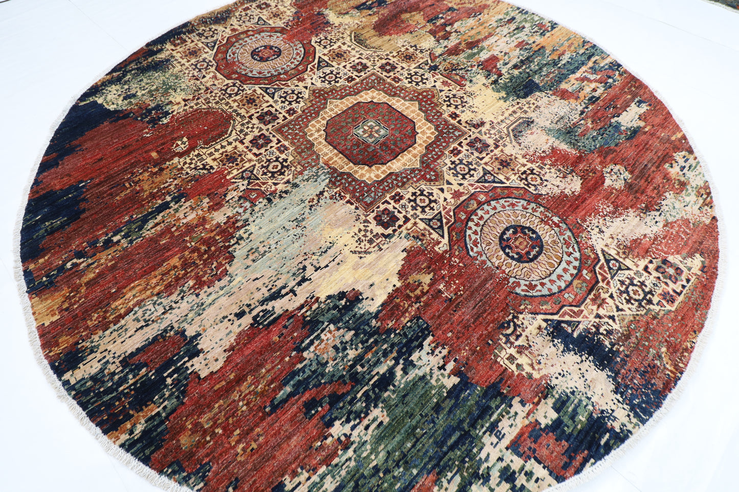 296 x 293 cm | Oriental Abstract Round Rug Afghan Hand Knotted Veg Dye Wool carpet