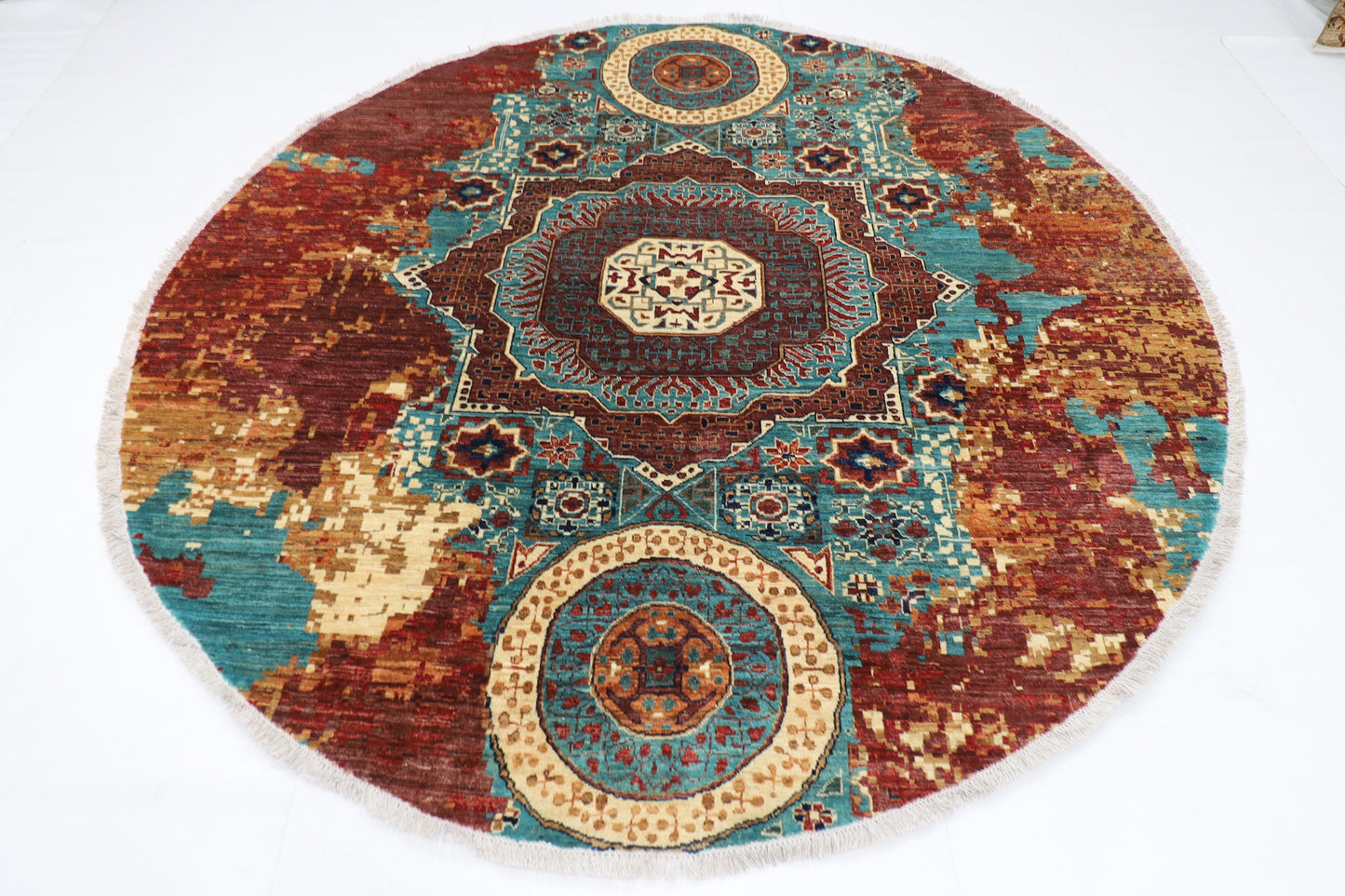 245 x 243 cm | Oriental Abstract Round Rug Afghan Hand Knotted Veg Dye Wool carpet