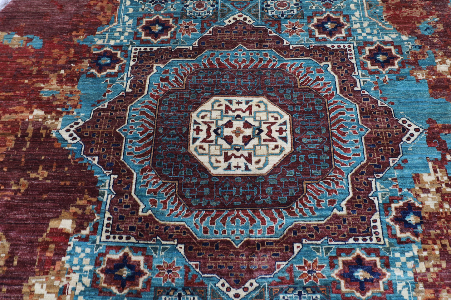245 x 243 cm | Oriental Abstract Round Rug Afghan Hand Knotted Veg Dye Wool carpet