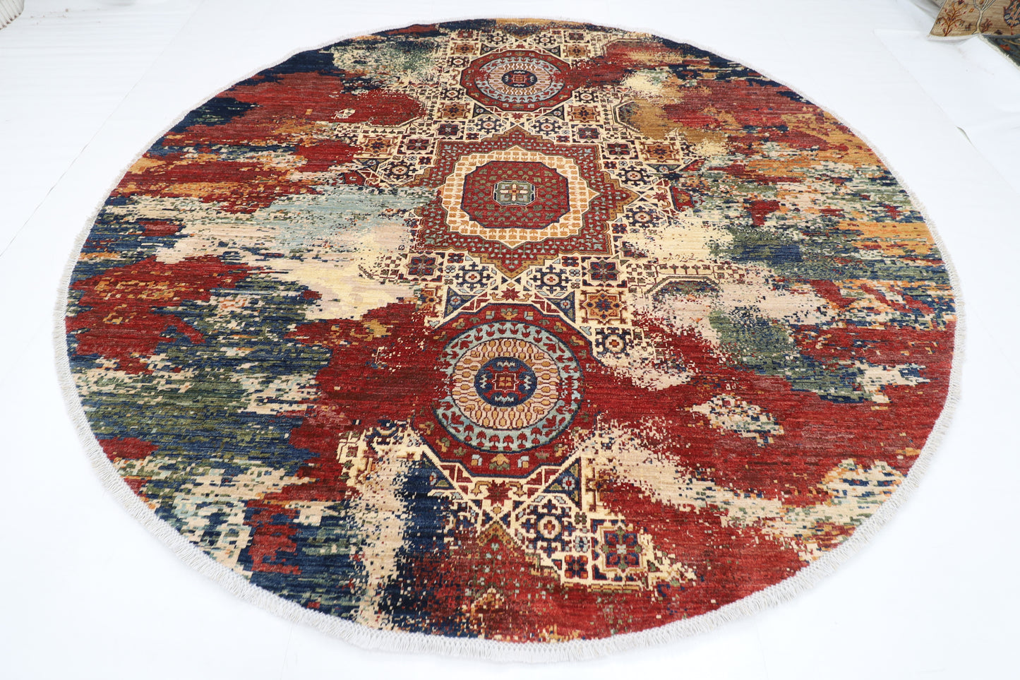 300 x 295 cm | Oriental Abstract Round Rug Afghan Hand Knotted Veg Dye Wool carpet
