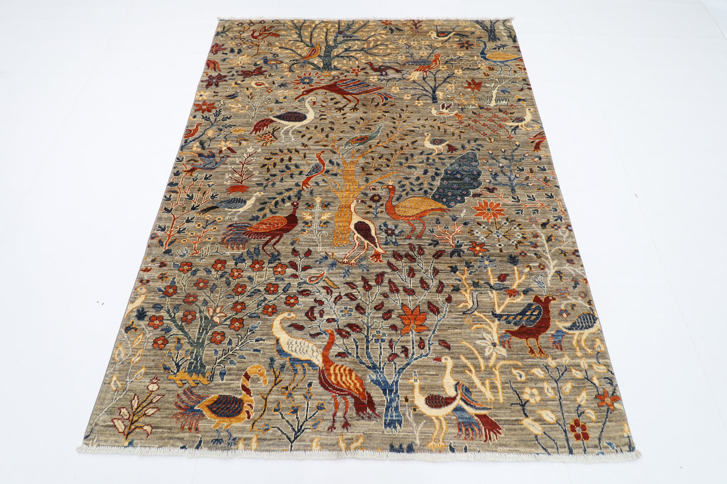 151 x 201 cm | Oriental Birds Gray Tree of life Area Rug Afghan Hand Knotted Veg Dye Wool carpet