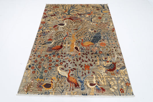 151 x 201 cm | Oriental Birds Gray Tree of life Area Rug Afghan Hand Knotted Veg Dye Wool carpet