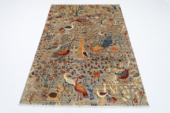 151 x 201 cm | Oriental Birds Gray Tree of life Area Rug Afghan Hand Knotted Veg Dye Wool carpet
