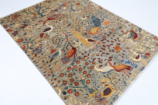 151 x 201 cm | Oriental Birds Gray Tree of life Area Rug Afghan Hand Knotted Veg Dye Wool carpet