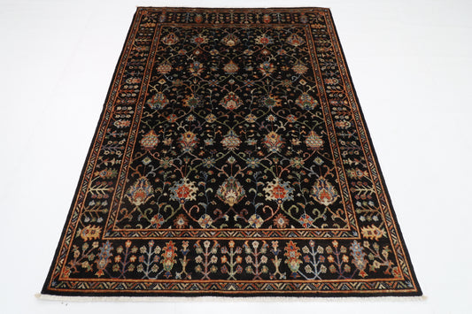 150 x 203 cm | Oriental Floral Black Area Rug Afghan Hand Knotted Veg Dye Wool carpet