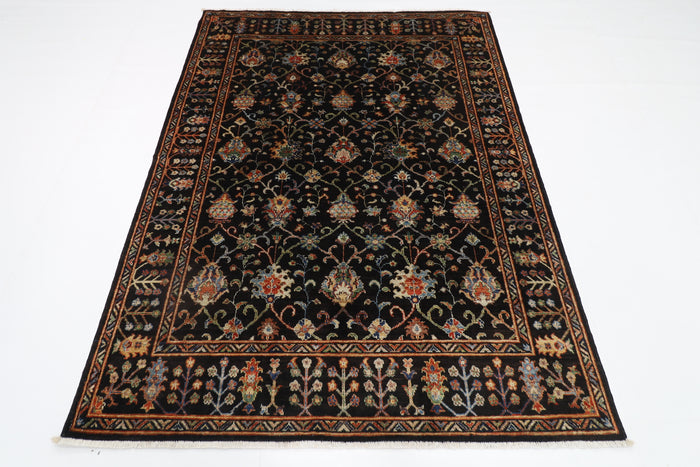 150 x 203 cm | Oriental Floral Black Area Rug Afghan Hand Knotted Veg Dye Wool carpet