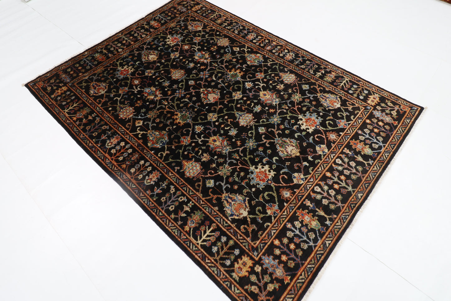 150 x 203 cm | Oriental Floral Black Area Rug Afghan Hand Knotted Veg Dye Wool carpet