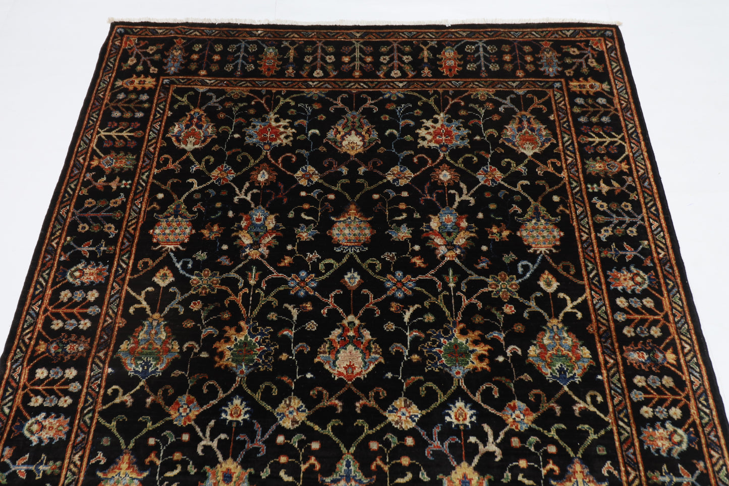 150 x 203 cm | Oriental Floral Black Area Rug Afghan Hand Knotted Veg Dye Wool carpet