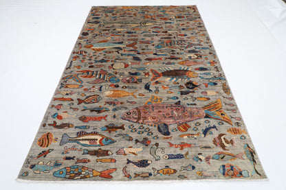 181 x 265 cm | Oriental Fish Gray Area Rug Afghan Hand Knotted Veg Dye Wool carpet