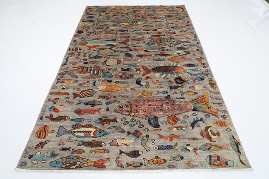 181 x 265 cm | Oriental Fish Gray Area Rug Afghan Hand Knotted Veg Dye Wool carpet