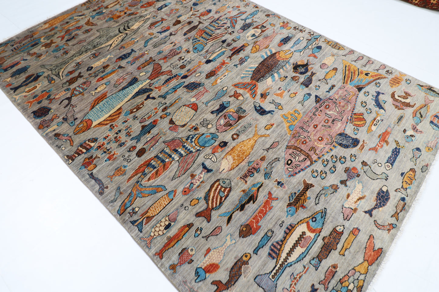 181 x 265 cm | Oriental Fish Gray Area Rug Afghan Hand Knotted Veg Dye Wool carpet