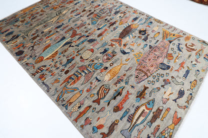 181 x 265 cm | Oriental Fish Gray Area Rug Afghan Hand Knotted Veg Dye Wool carpet